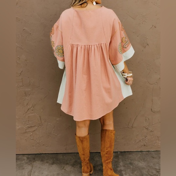 Pink Long Sleeve V Neck Floral boho bohemian Embroidered Dress - Picture 8 of 8